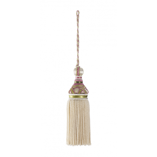Decorative tassel with braided design and beige fringes on a white background