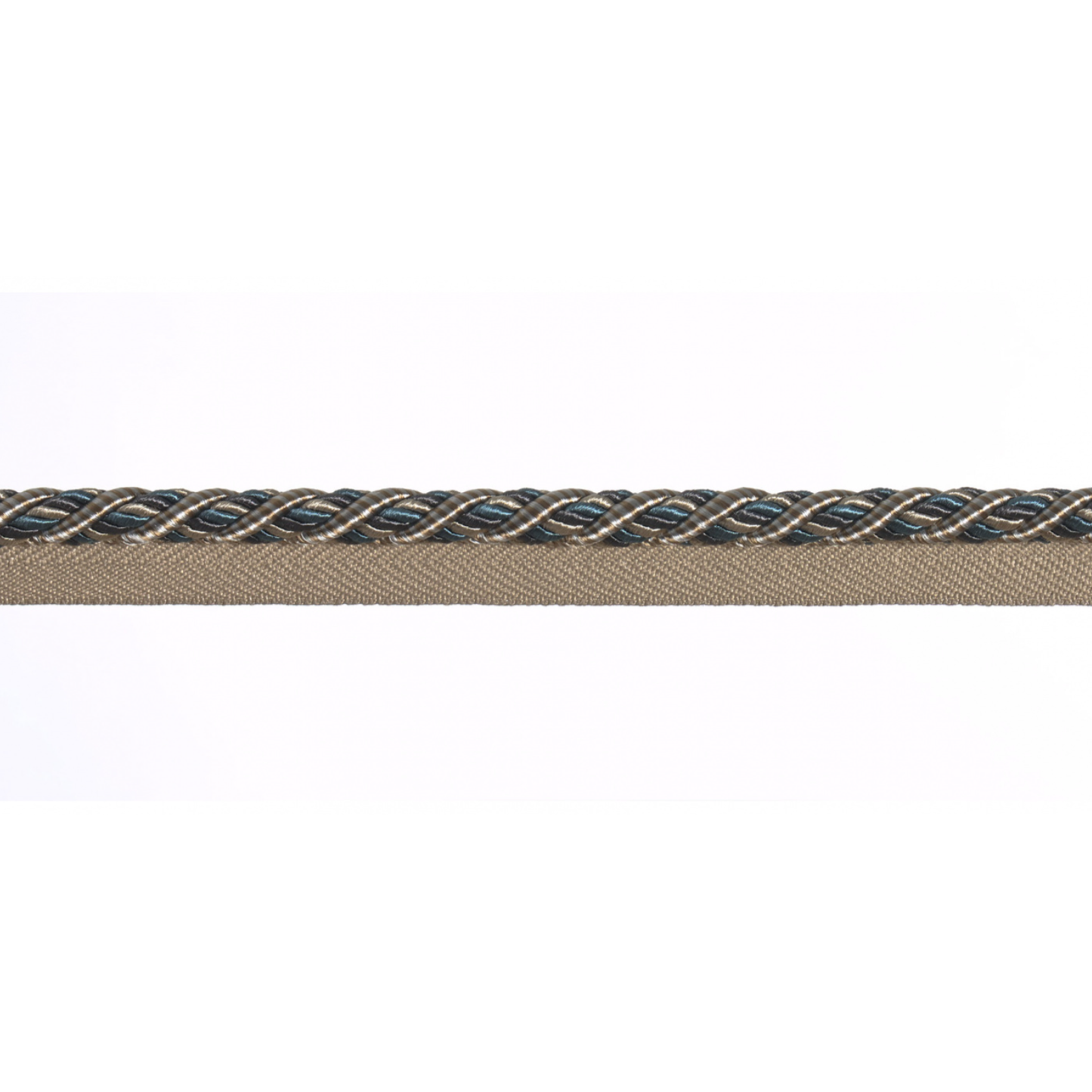 Close-up of braided piping cord in beige and blue on a white background