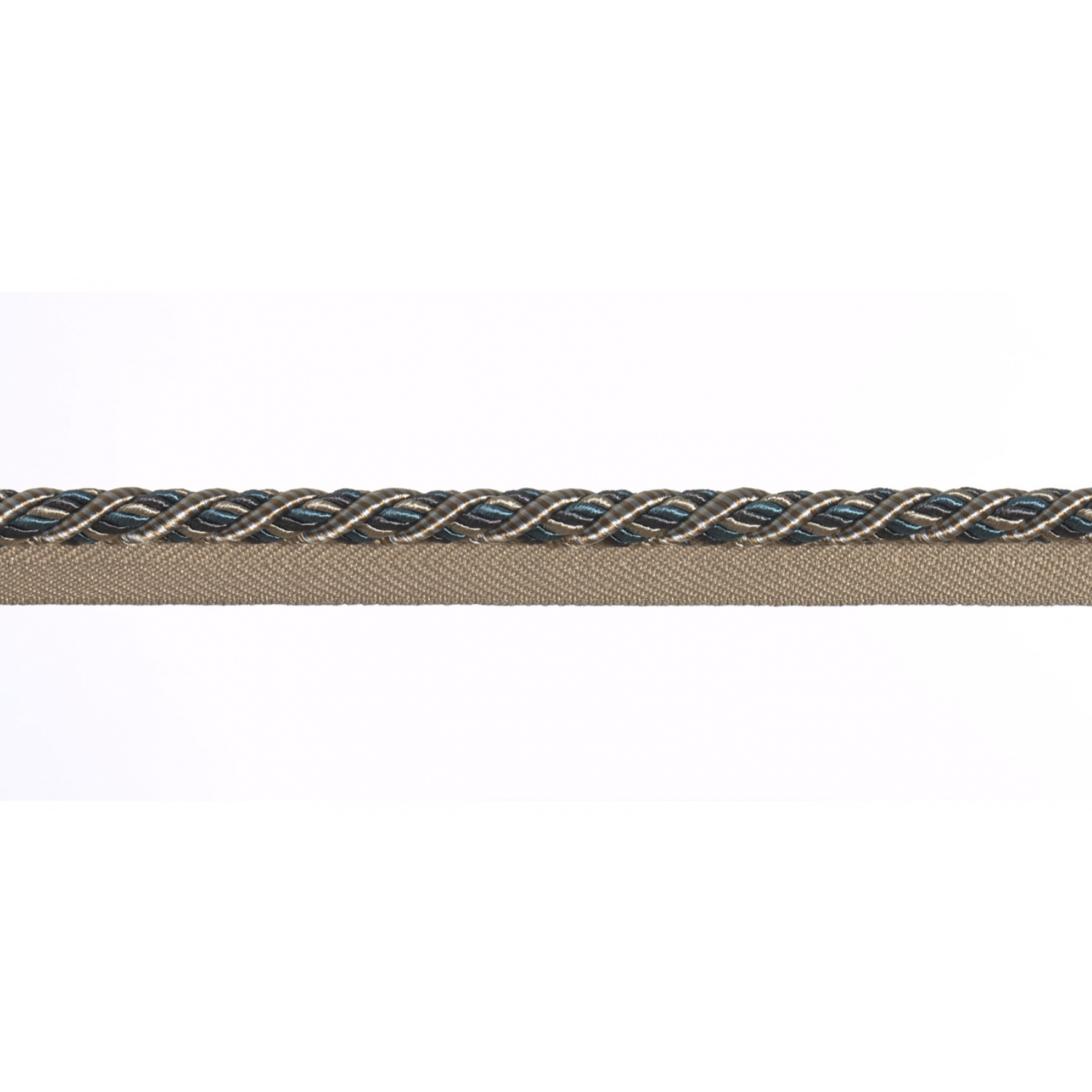 Close-up of braided piping cord in beige and blue on a white background