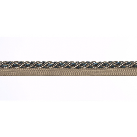 Close-up of braided piping cord in beige and blue on a white background