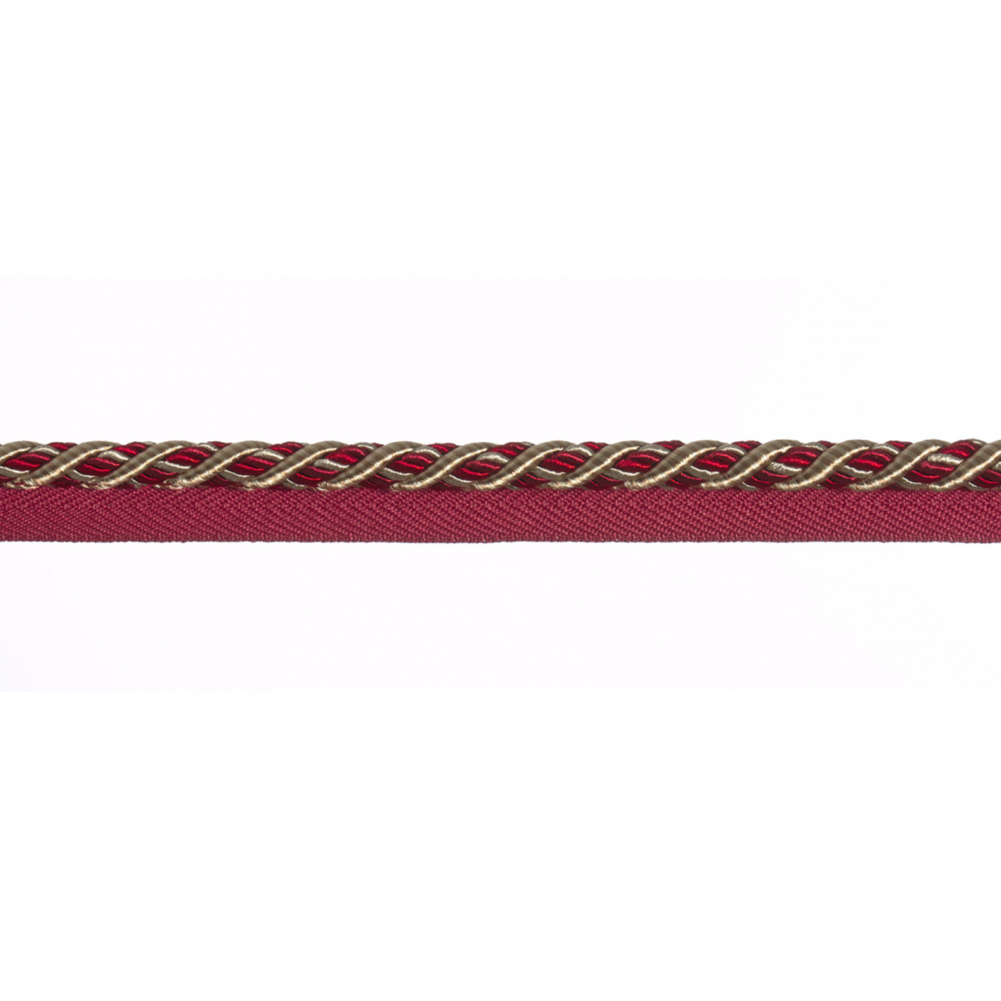 Garnet red braided piping cord trim on a white background