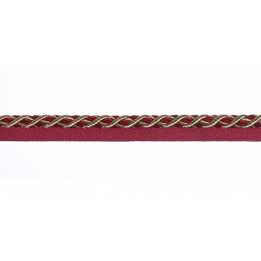 Garnet red braided piping cord trim on a white background