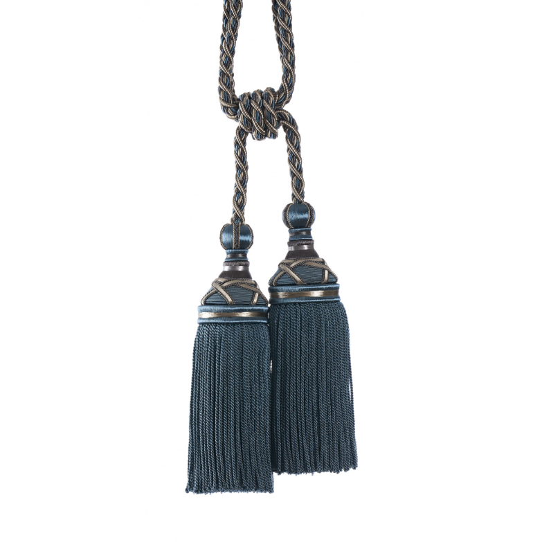 Pair of dark blue tassel tiebacks with decorative ends on a white background