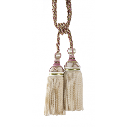 Pair of decorative tassels with braided rope on a white background