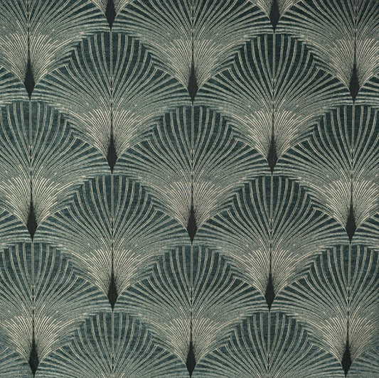 Jazz Rikers art deco fabric with intricate silver chenille fan pattern on a dark green background, ideal for upholstery and crafting.