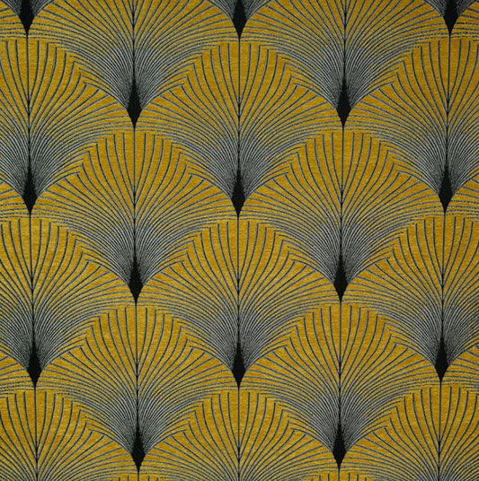 Jazz Riverdale art deco fabric in chenille with intricate gold and yellow fan patterns, ideal for upholstery and elegant home décor.