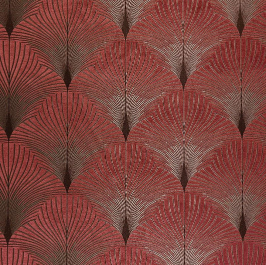 Jazz Rockefella art deco fabric in chenille with intricate gold and red fan-shaped patterns, ideal for upholstery and elegant home décor.