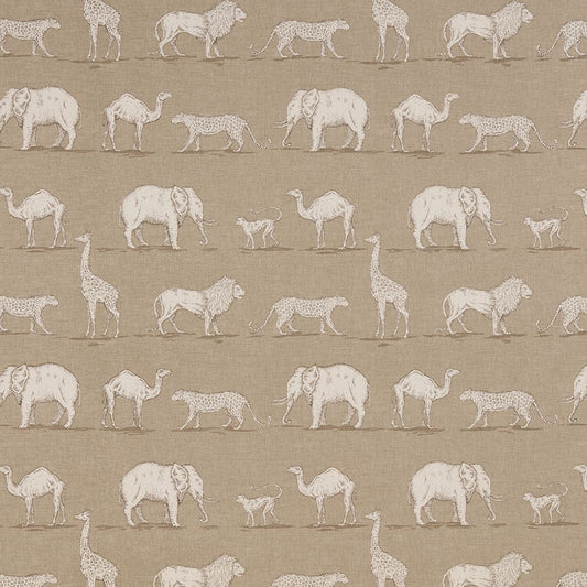 African Safari Almond cotton fabric featuring hand-drawn safari animals like elephants, lions, and giraffes on a beige background. Ideal for upholstery and crafts.