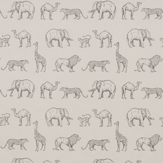 African Safari Anthracite cotton fabric featuring hand-drawn animals like elephants, giraffes, and lions in a grey pattern on a light background.