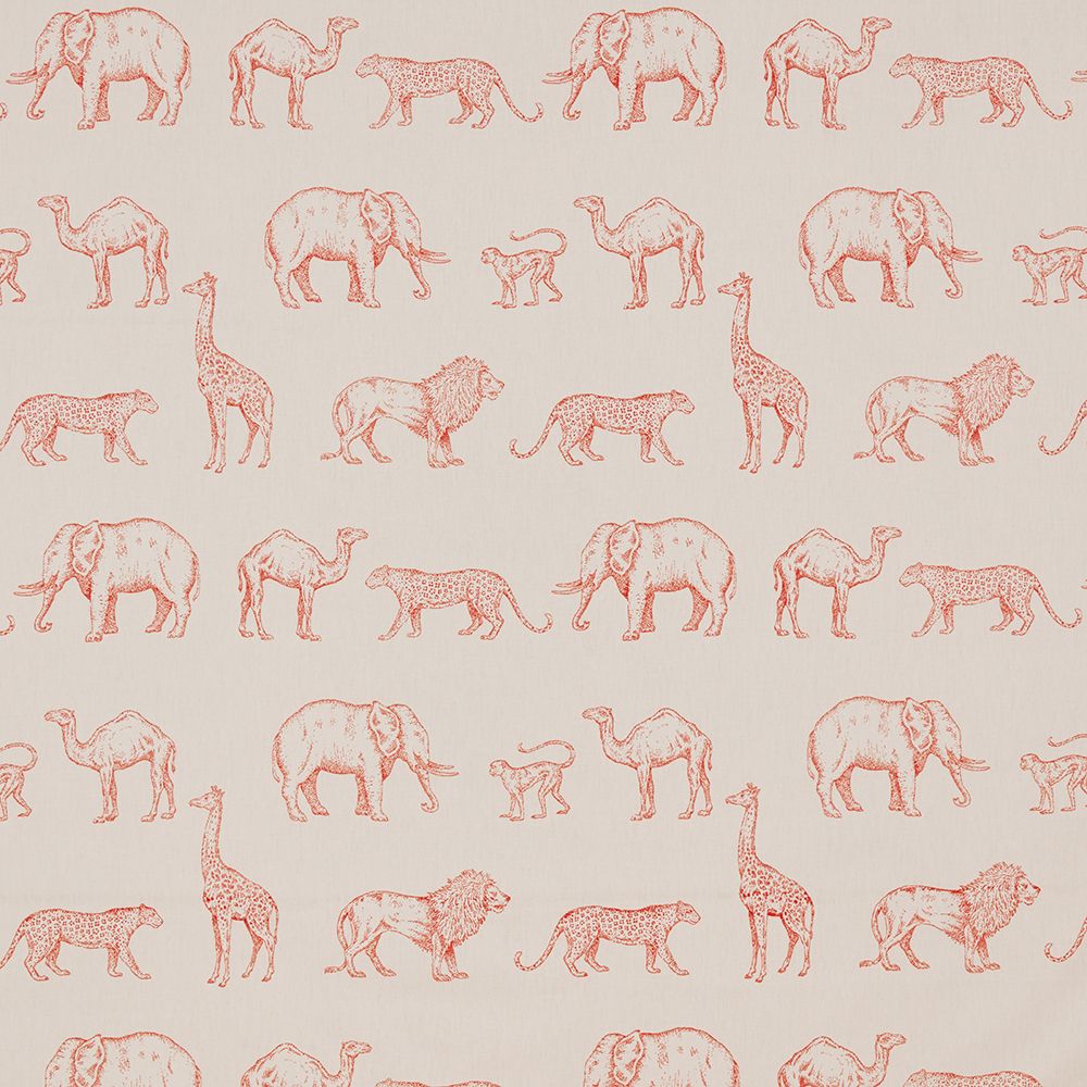 African Safari Tangerine cotton fabric featuring hand-drawn animals like elephants, lions, and giraffes in orange on a beige background.