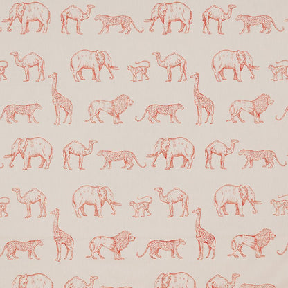 African Safari Tangerine cotton fabric featuring hand-drawn animals like elephants, lions, and giraffes in orange on a beige background.