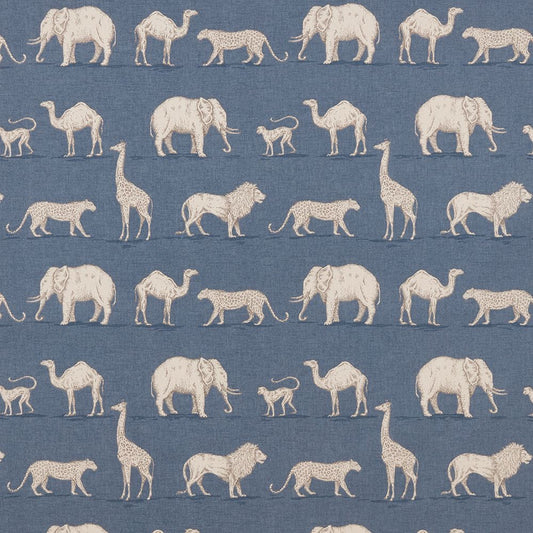 African Safari Dusky Blue fabric featuring hand-drawn animals like elephants, giraffes, and lions on a blue cotton textile for upholstery.