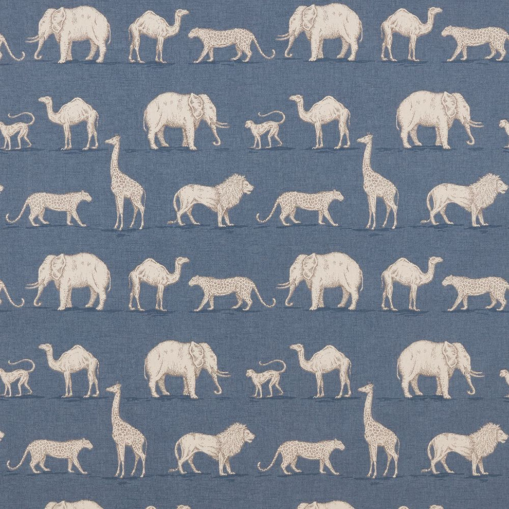 African Safari Dusky Blue - Hand-Drawn Animals | Upholstery Fabric ...