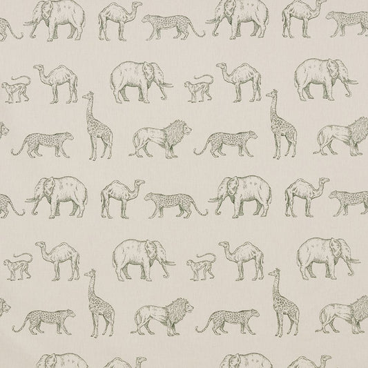 African Safari Evergreen cotton fabric featuring hand-drawn animals like elephants, lions, giraffes, and cheetahs on a light green background.