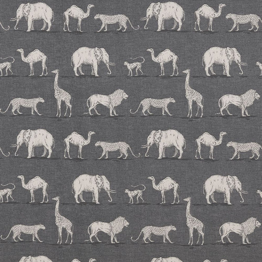 African Safari Charcoal fabric featuring hand-drawn animals like elephants, giraffes, and lions on a dark cotton background. Ideal for upholstery and crafts.