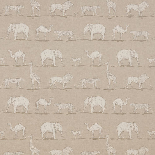 African Safari Sand cotton upholstery fabric featuring hand-drawn animals like lions, elephants, and giraffes on a beige background.