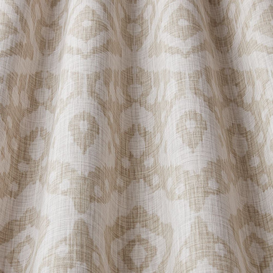 Safi Moroccan Ikat fabric in sand colour with a geometric two-tone design, ideal for eco-friendly upholstery and home décor.