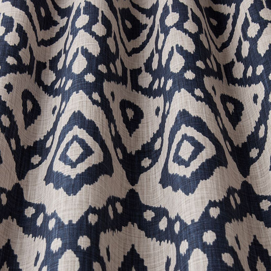 Safi Moroccan Ikat fabric in midnight blue with a geometric two-tone design, ideal for eco-friendly upholstery in home décor.