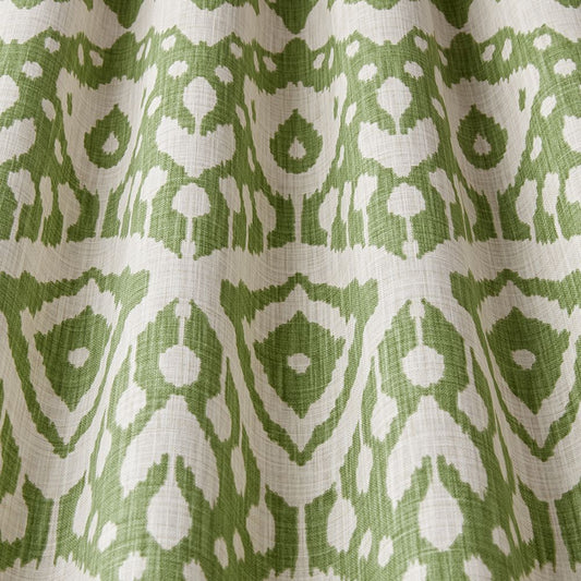 Safi Moroccan Ikat fabric in fern green with a geometric two-tone pattern, ideal for eco-friendly upholstery and home décor.