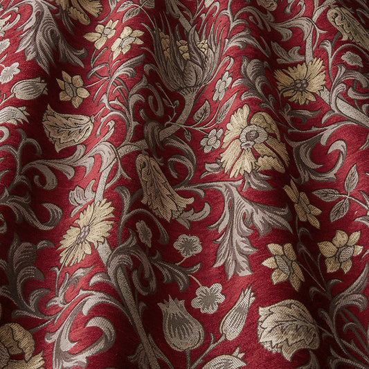 Saint Giles Carmine fabric with intricate floral patterns in gold and beige on a rich red background, ideal for arts and crafts curtain designs.