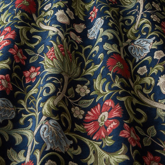 Saint Giles Jewel arts and crafts floral curtain fabric with intricate red, blue, and green floral patterns on a deep blue background.