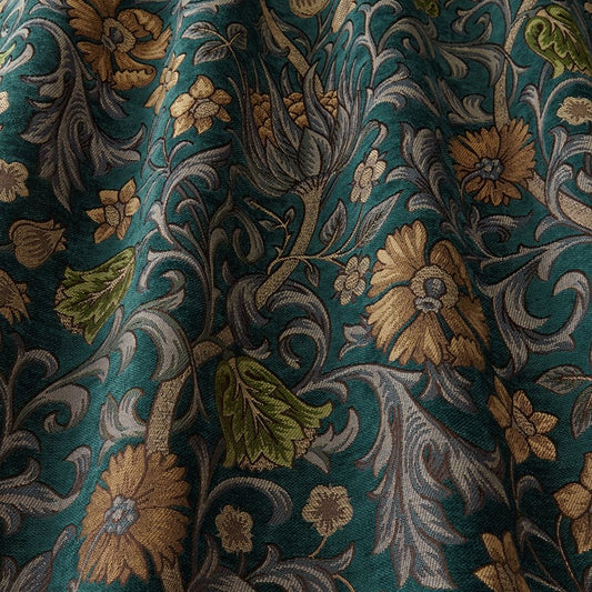 Saint Giles Verdigris fabric with intricate arts and crafts floral patterns in green and gold tones, ideal for curtains and upholstery.