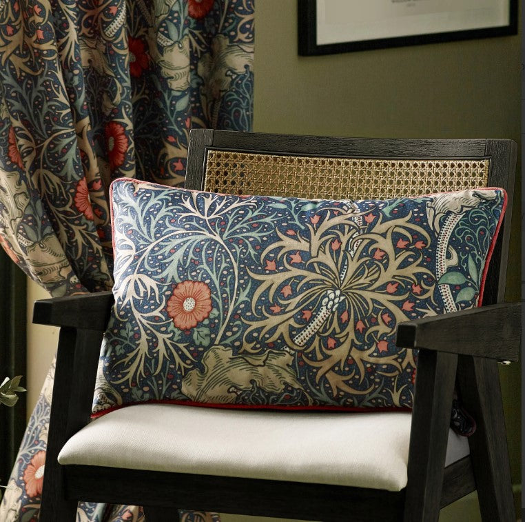 Seaweed Printed Velvet Cushion Indigo