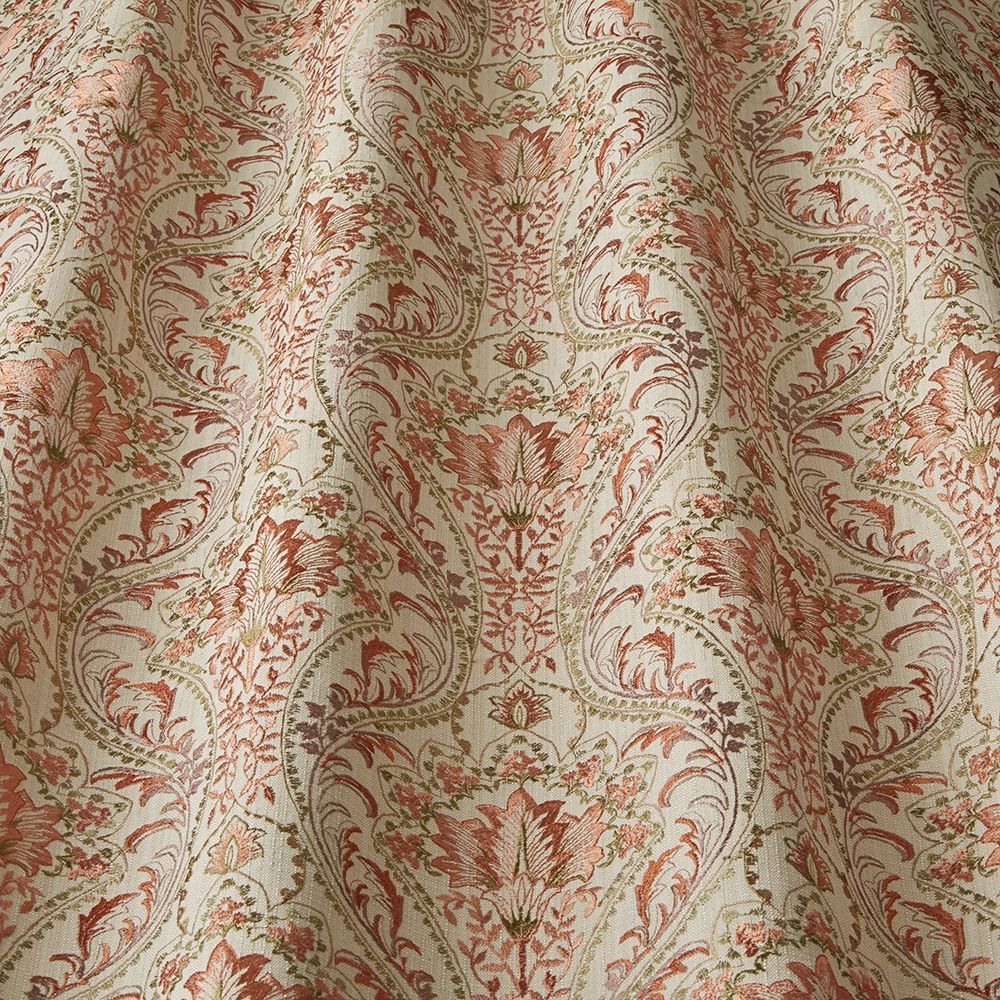 Close-up of Sonrel Floral Cayenne fabric showcasing detailed art nouveau patterns in warm cayenne hues, perfect for textiles and home décor.