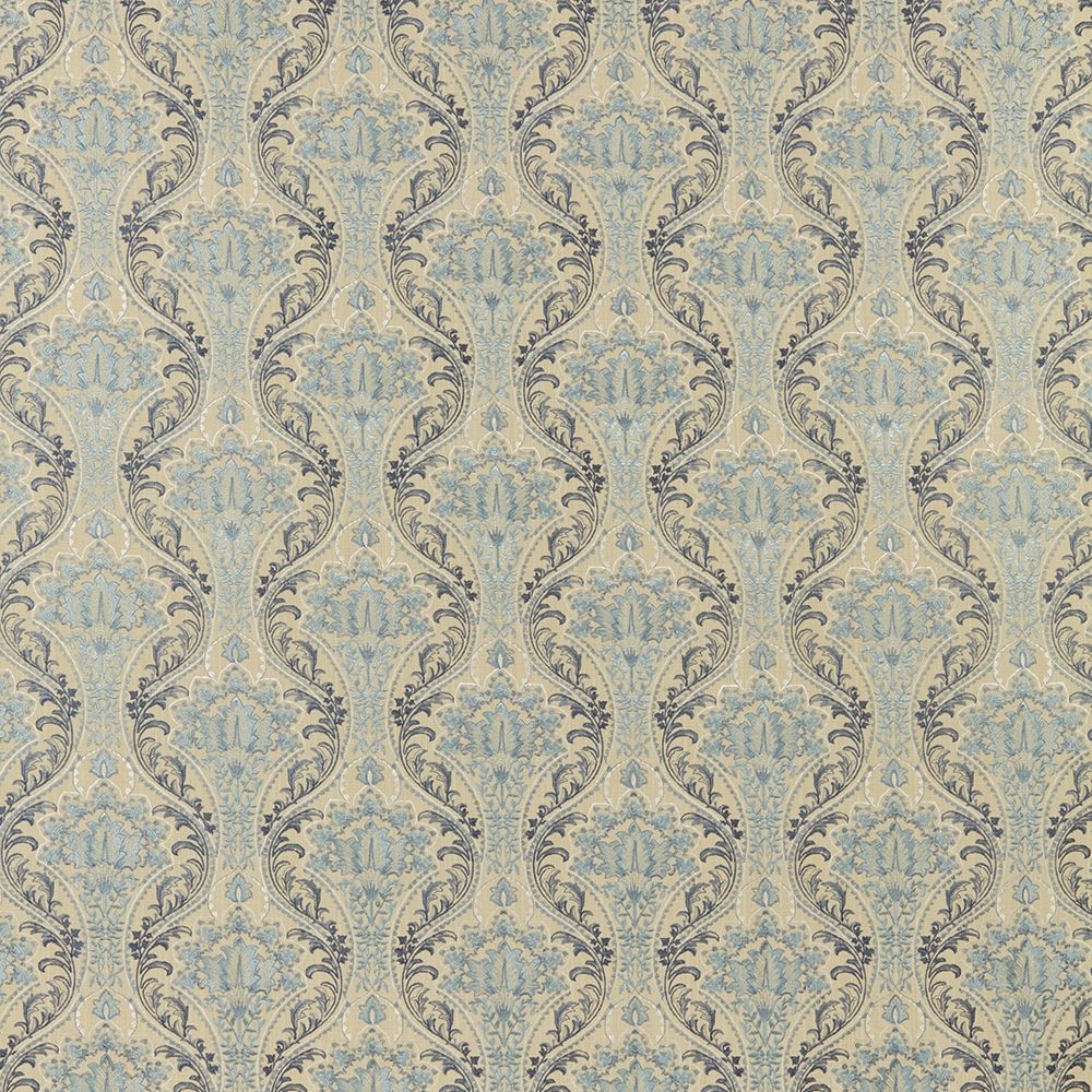 Sonrel Floral Indigo fabric featuring intricate art nouveau embroidery in blue and beige tones, ideal for curtains and creative textile projects.