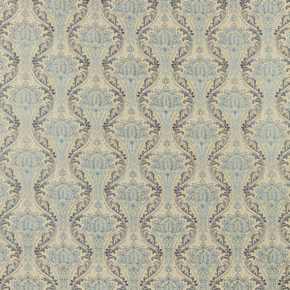 Sonrel Floral Indigo fabric featuring intricate art nouveau embroidery in blue and beige tones, ideal for curtains and creative textile projects.