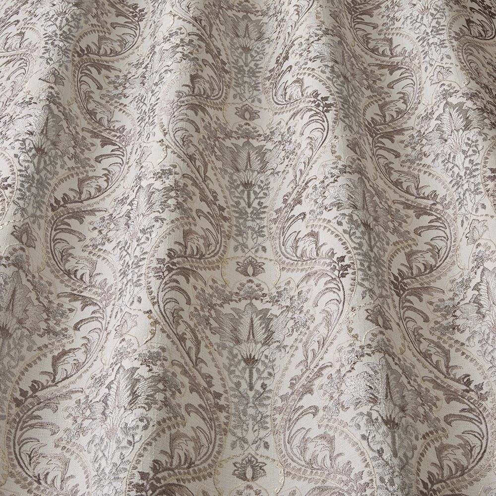 Close-up of Sonrel Floral Mineral fabric showcasing detailed embroidery and elegant art nouveau floral designs, perfect for curtains and crafts.