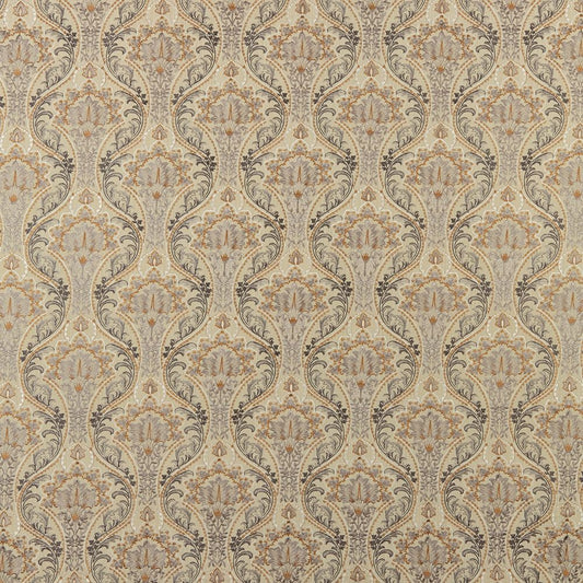 Sonrel Floral Saffron fabric featuring intricate art nouveau embroidery in vibrant saffron and grey tones, ideal for curtains and home décor.