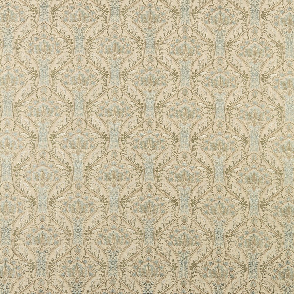 Sonrel Floral Verdigris fabric featuring intricate art nouveau patterns in soft green and blue tones, ideal for curtains and upholstery.