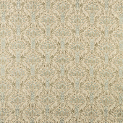 Sonrel Floral Verdigris fabric featuring intricate art nouveau patterns in soft green and blue tones, ideal for curtains and upholstery.