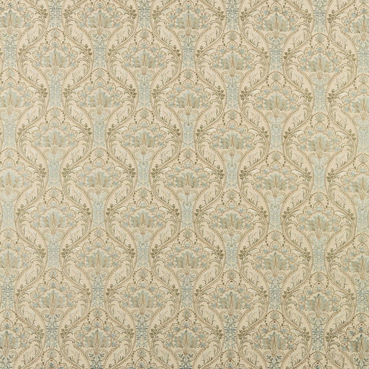 Sonrel Floral Verdigris fabric featuring intricate art nouveau patterns in soft green and blue tones, ideal for curtains and upholstery.