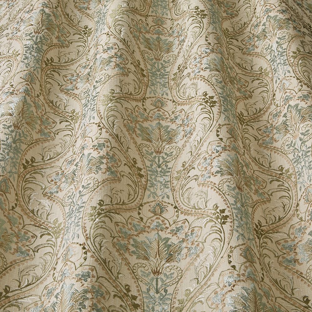 Close-up of Sonrel Floral Verdigris fabric showcasing detailed floral art nouveau design with Verdigris hues, perfect for creative textile projects.