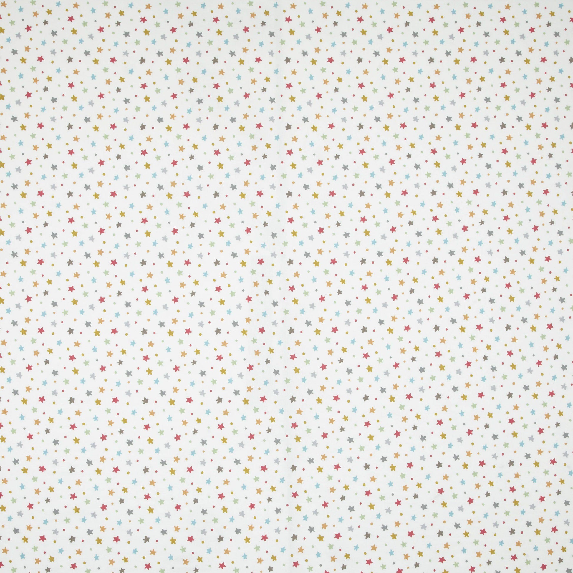 Starburst Multi colourful star cotton fabric with scattered multicolour stars on white, ideal for kids' bedroom curtains and upholstery projects.