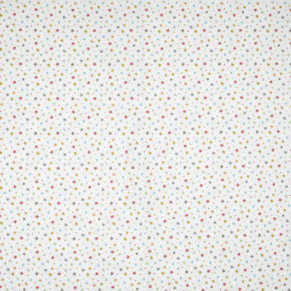 Starburst Multi colourful star cotton fabric with scattered multicolour stars on white, ideal for kids' bedroom curtains and upholstery projects.