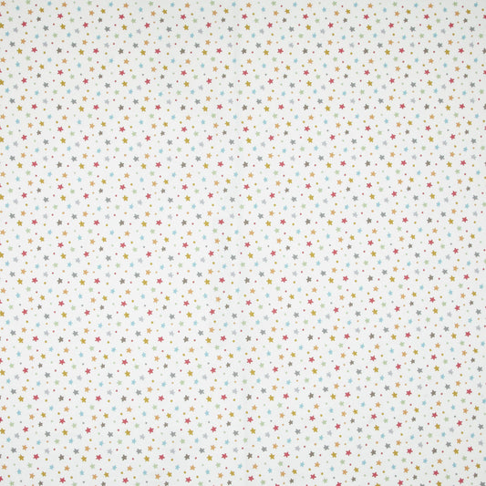 Starburst Multi colourful star cotton fabric with scattered multicolour stars on white, ideal for kids' bedroom curtains and upholstery projects.