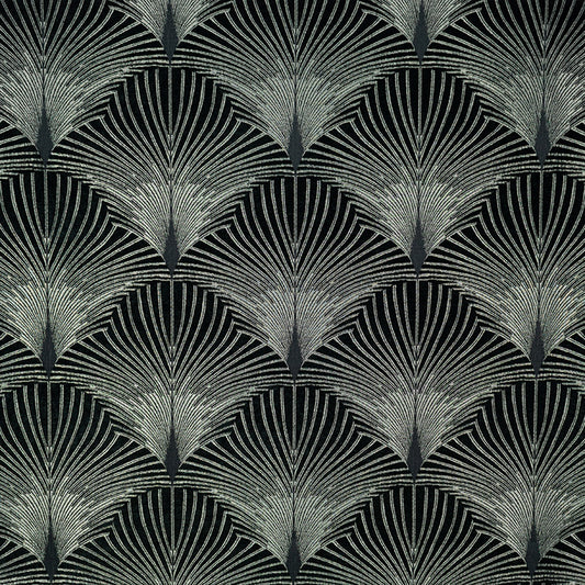 Jazz Staten art deco fabric with intricate silver and beige chenille fan pattern on a dark background, ideal for upholstery and crafting.