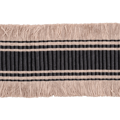 Wide braid trim textile with black and beige stripes on a white background