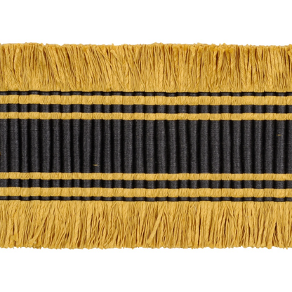 Wide braid trim with mustard and black bands on a white background
