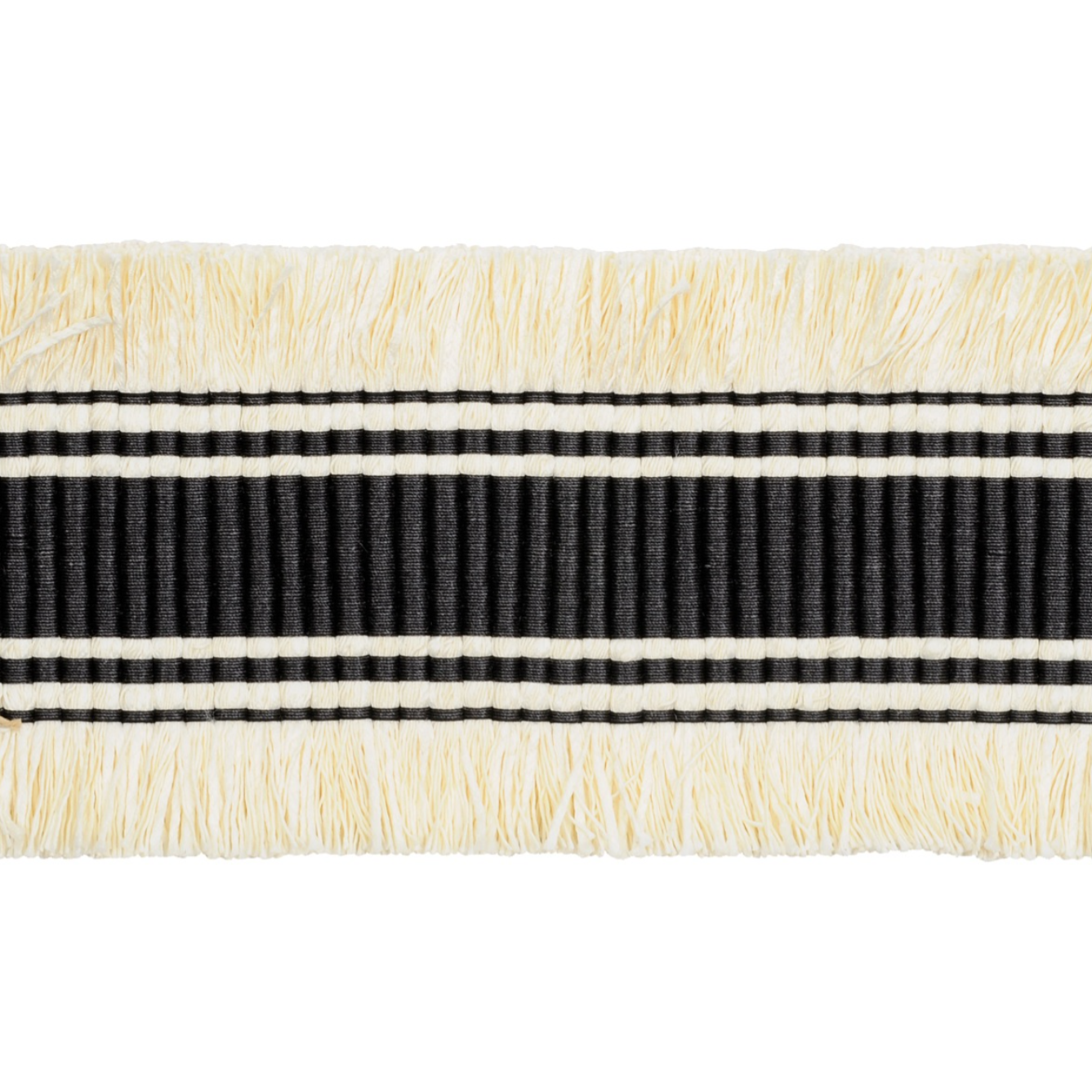 Close-up of a braid trim with black and beige stripes on a white background
