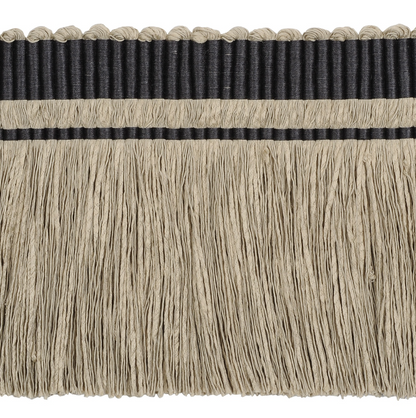Close-up of a decorative trim with black and beige fringes on a white background