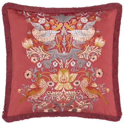 Strawberry Thief Embroidered Velvet Cushion Berry