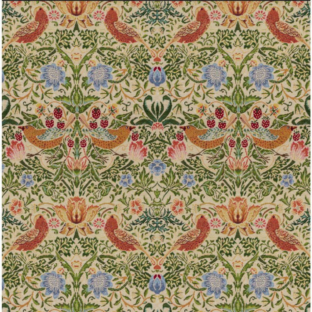 William Morris Tapestry Strawberry Thief upholstery fabric in natural tones featuring intricate bird and floral patterns inspired by 19th-century Arts and Crafts designs.