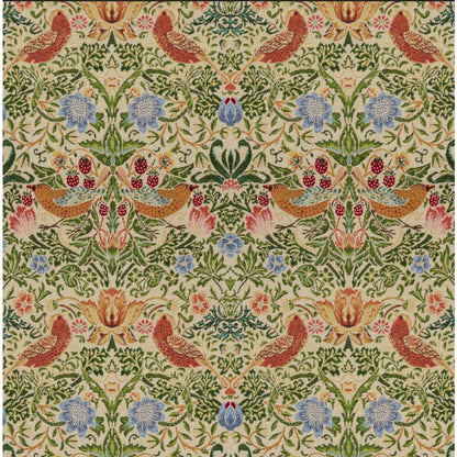 William Morris Tapestry Strawberry Thief upholstery fabric in natural tones featuring intricate bird and floral patterns inspired by 19th-century Arts and Crafts designs.