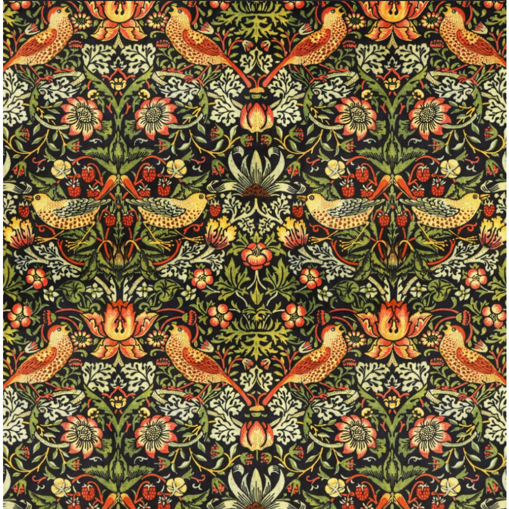 William Morris Velvet Fabric in Strawberry Thief Ebony design featuring intricate floral and bird patterns, ideal for upholstery and curtains.
