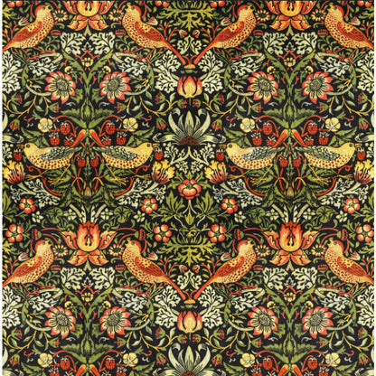 William Morris Velvet Fabric in Strawberry Thief Ebony design featuring intricate floral and bird patterns, ideal for upholstery and curtains.