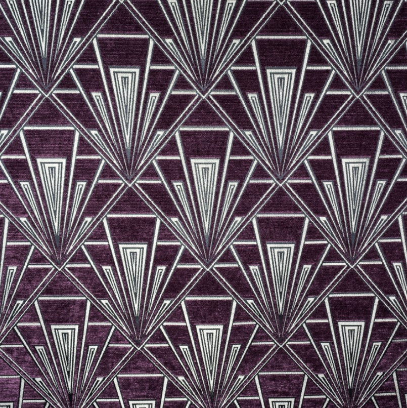 Tempo Astoria fabric in purple and silver with an Art Deco geometric pattern, ideal for upholstery and curtains with a luxurious chenille texture.